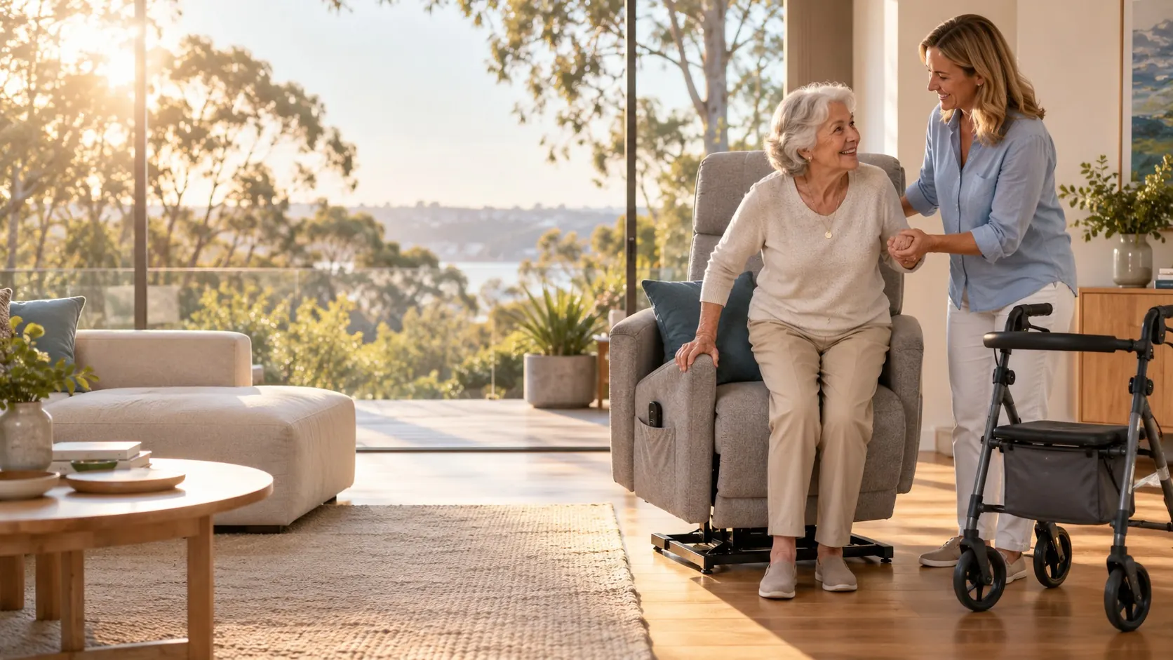 An older woman rising from a lift recliner with her daughter's help, a rollator beside her